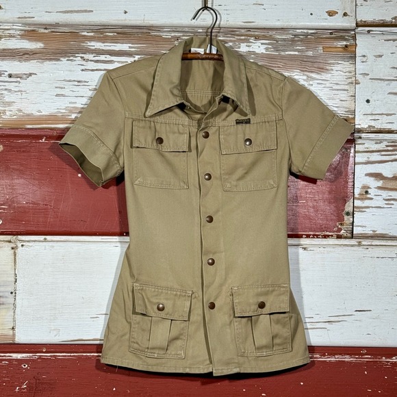 RARE 70s USA Vintage Wrangler Safari Shirt Short Sleeve Button Up‎ Pocketed Tan - Picture 1 of 8